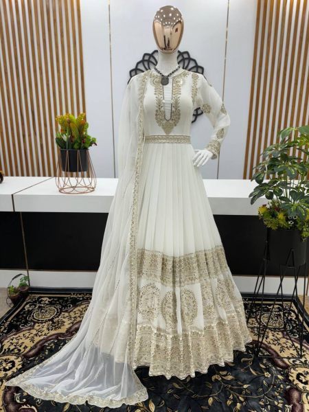 White Color Georgette Sequence Embroidery Work Gown Pant With Dupatta  