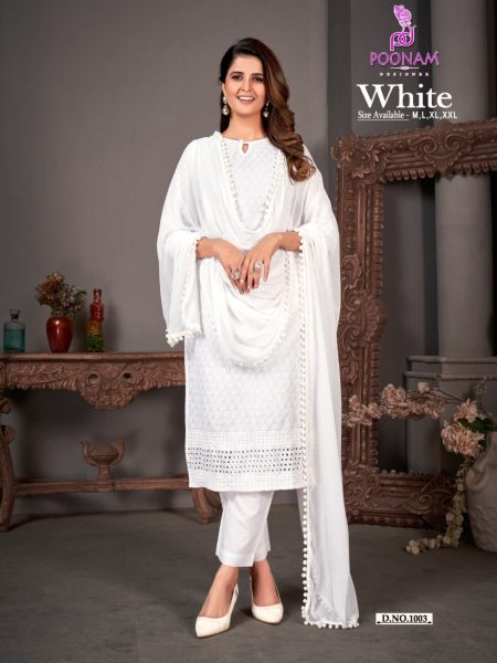 White Color Pure Rayon Chikan Work Kurti Pant With Dupatta Lucknowi Chikankari Kurtis Wholesale