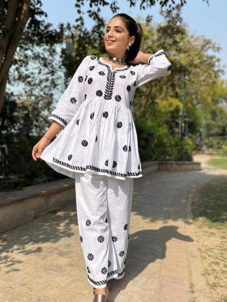 White Color Rayon Cotton Short Kurti  Plazzo With Embroidery Work  
