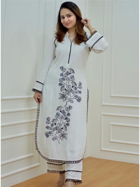 White Color Rayon Straight Cut Kurti With Pant  