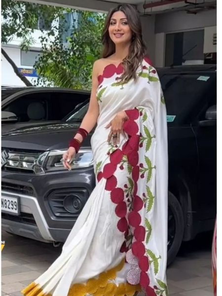 White Color Silk With Embroidery Cut Work Saree  