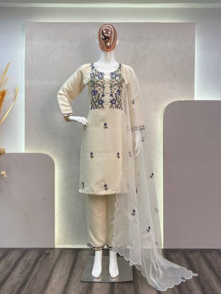 White Embroidered Silk Kurti Set With Dupatta 