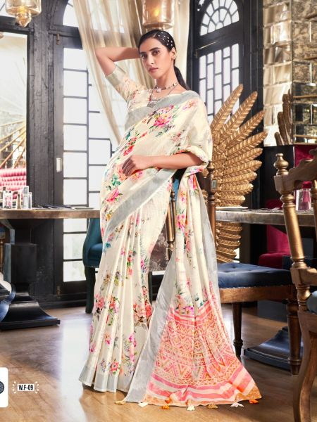 White Fields Floral Print Fancy Saree Collection 