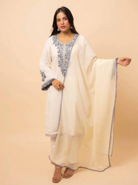 White Georgette Embroidered Kurti Pent With Dupatta  