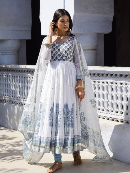 White Heavy Georgette Anarkali Gown Pant With Dupatta With Real Mirror Work  