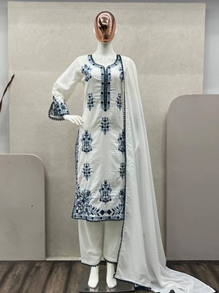 White Kurti Set With Cotton Embroidered Work   
