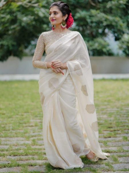 White linen Saree with woven zari jacq design Blouse Linen Sarees Wholesale