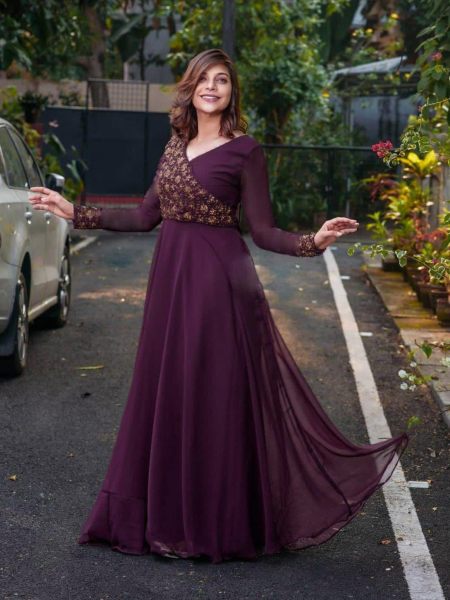 Wine Color Faux Blooming Sequence Work Gown  