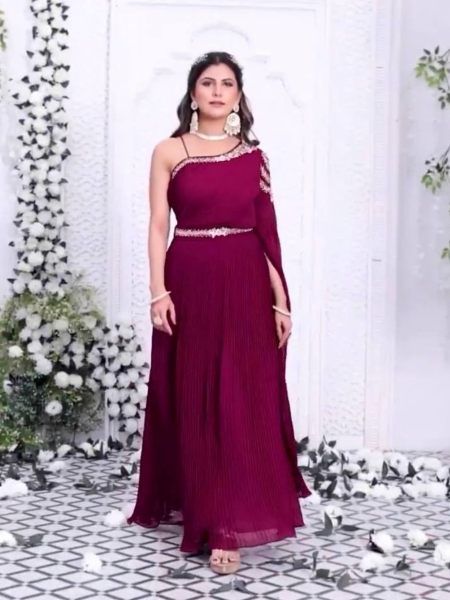 Wine Color Stylish Heavy Fox Georgette Hand Work Gown  