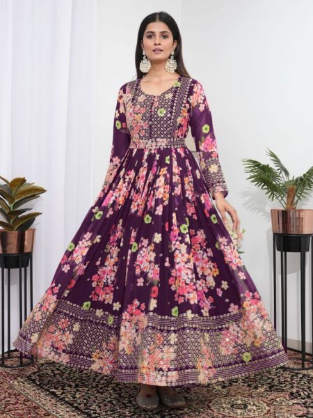 Wine Colour Floral Printed Flared Maxi Gown Dress Georgette Kurti 