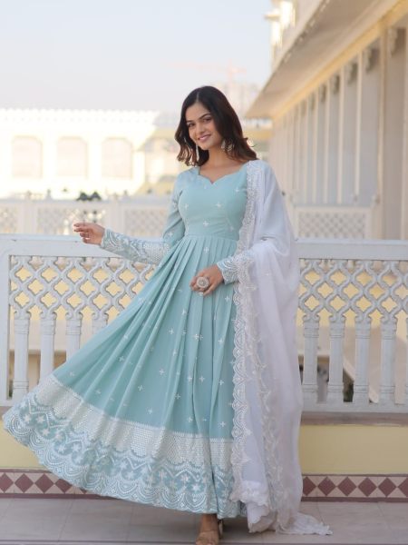 Women Faux Georgette Embroidery Work Gown With Dupatta  