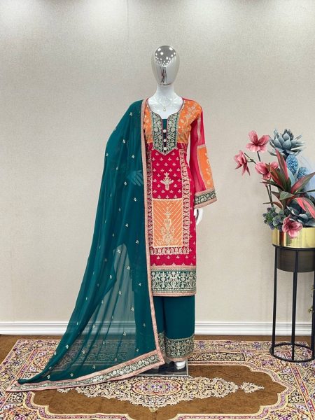 Women s Exclusive Faux Georgette Self Enbroidered Pakistani 3 Piece Salwar Suit 