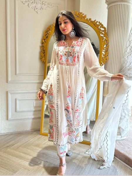 Women s Faux Georgette Embroidered White Salwar Suit   Embroidery Kurtis 