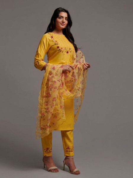 Women Yellow Sequence Embroidered Viscose Rayon kurta set 