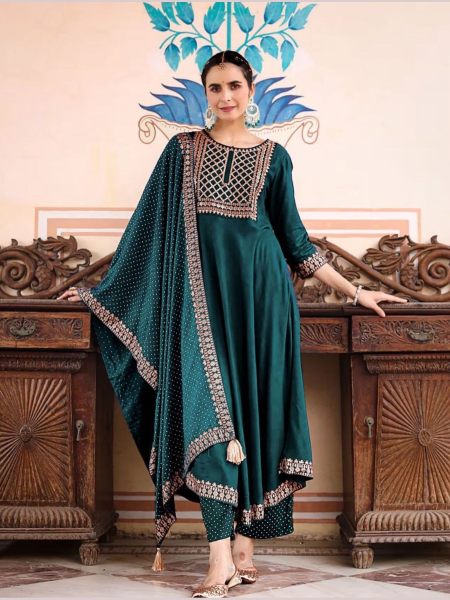 Womens Heavy Rayon Embroidered Kurta With Pant And Dupatta 