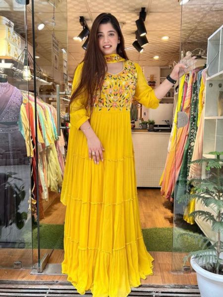Yellow Color Embroidery Work Gown With Dupatta  