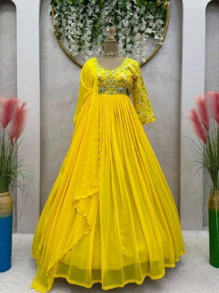 Yellow Color Faux Georgette Gown With Dupatta 