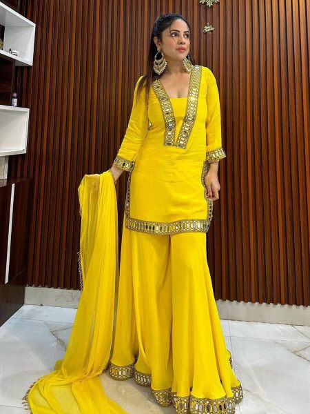 Yellow Color Faux Georgette Plazzo Suits  Ready To Wear Collection