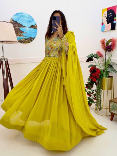 Yellow Color Fox Georgette Gown With Dupatta  Kurti With Dupatta Wholesale