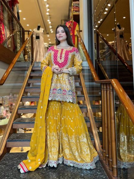 Yellow Color Georgette Embroidery Work Sharara Suits  