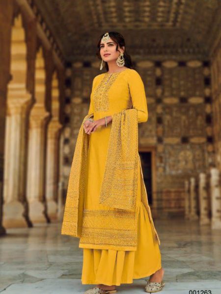 Yellow Color Georgette Embroidered Work Suits  