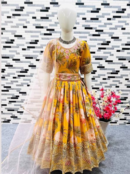 Yellow Color Georgette Sequecne Work Kids Gown With Dupatta  
