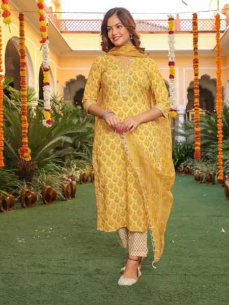 Yellow Color Pure Cotton Printed Kurti Pant With Dupatta  