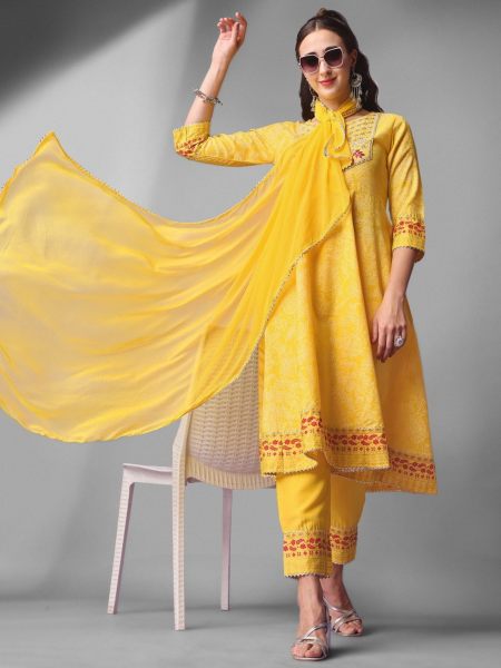 Yellow Color Rayon Embroidery Anarkali Kurti Set  