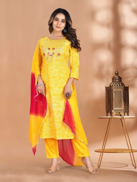 Yellow Color Rayon Kurti Set With Sequence   Embroidery Work  