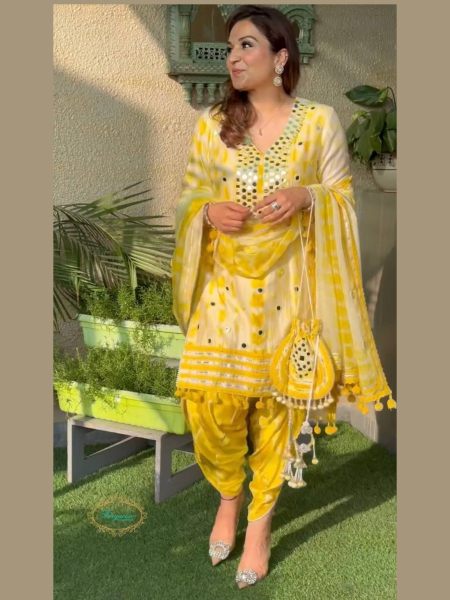 Yellow Colour Crepe With embrodery patiyala Collection  