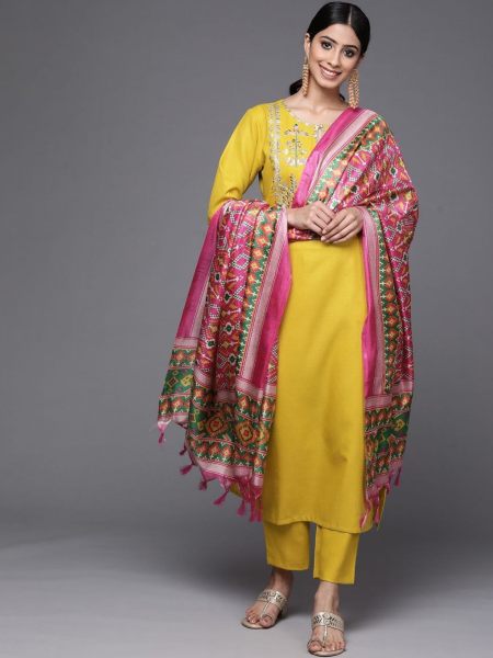 Yellow Cotton Kurti Pant Set With Sequence   Embroidery Work  