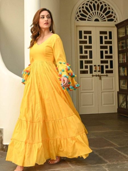 Yellow Georgette Fancy Pattern flair Gown  