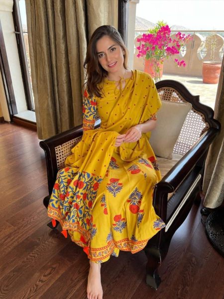 Yellow Muslin Cotton Printed Gown Pant   Dupatta 