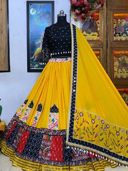 Yellow Muslin Cotton Printed Lehenga Choli With Mirror Work  