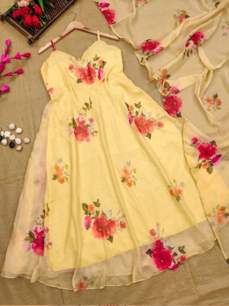 Yellow Organza Sleeveless Gown With Dupatta 