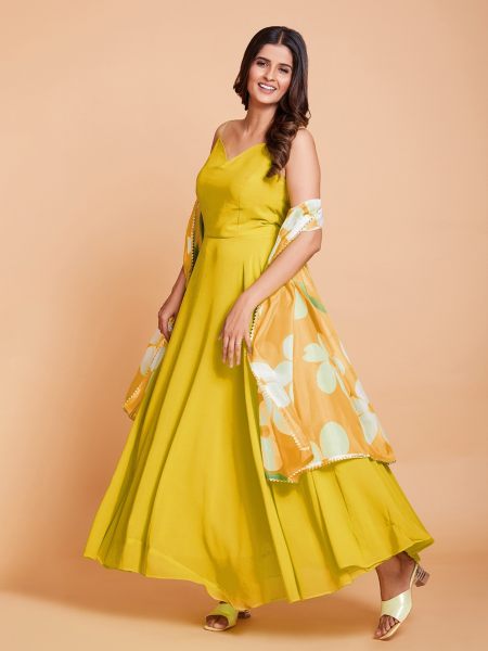 Yellow Plain Anarkali With Printed Duppta in Plus size Plus Size Kurti / Gown