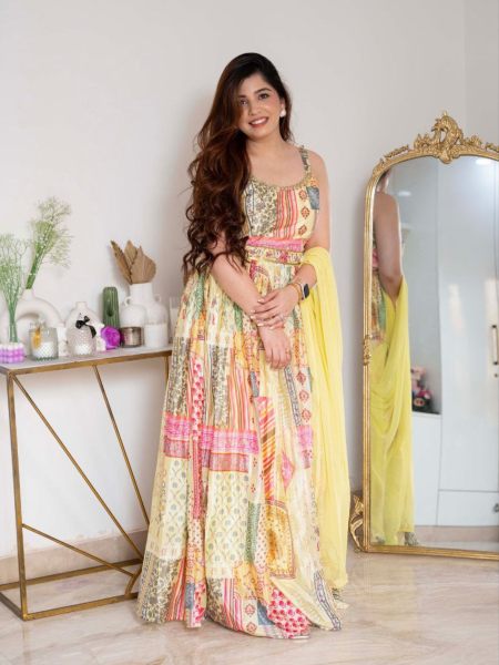 Yellow Printed Classic  Maxi With Belt and Dupatta 