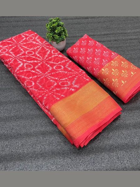  Zari Weaving Border and HD Ikkat Style Print Cotton Saree  