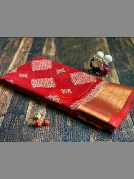 Zari Weaving Border Cotton With Ikkat Style Print Saree 