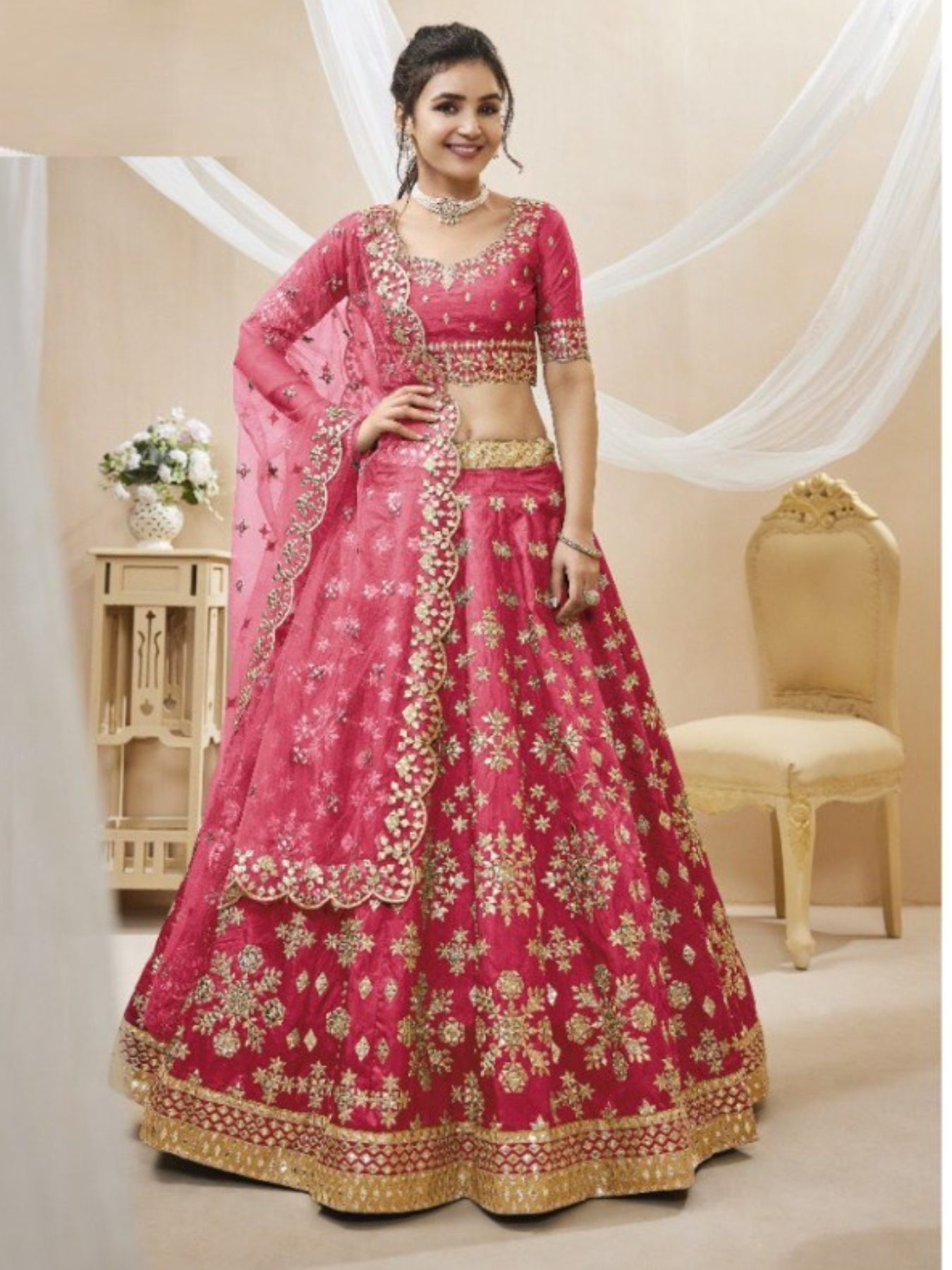 Pink Beautiful Zari And Embroidery Party Wear Lehenga Choli