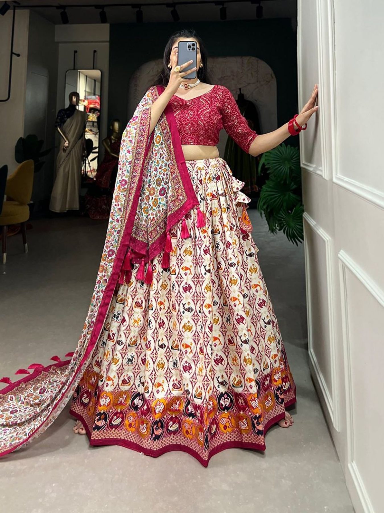 Pink Printed Lehenga Choli with Dupatta | Printed Lehengas Online– Inddus.in