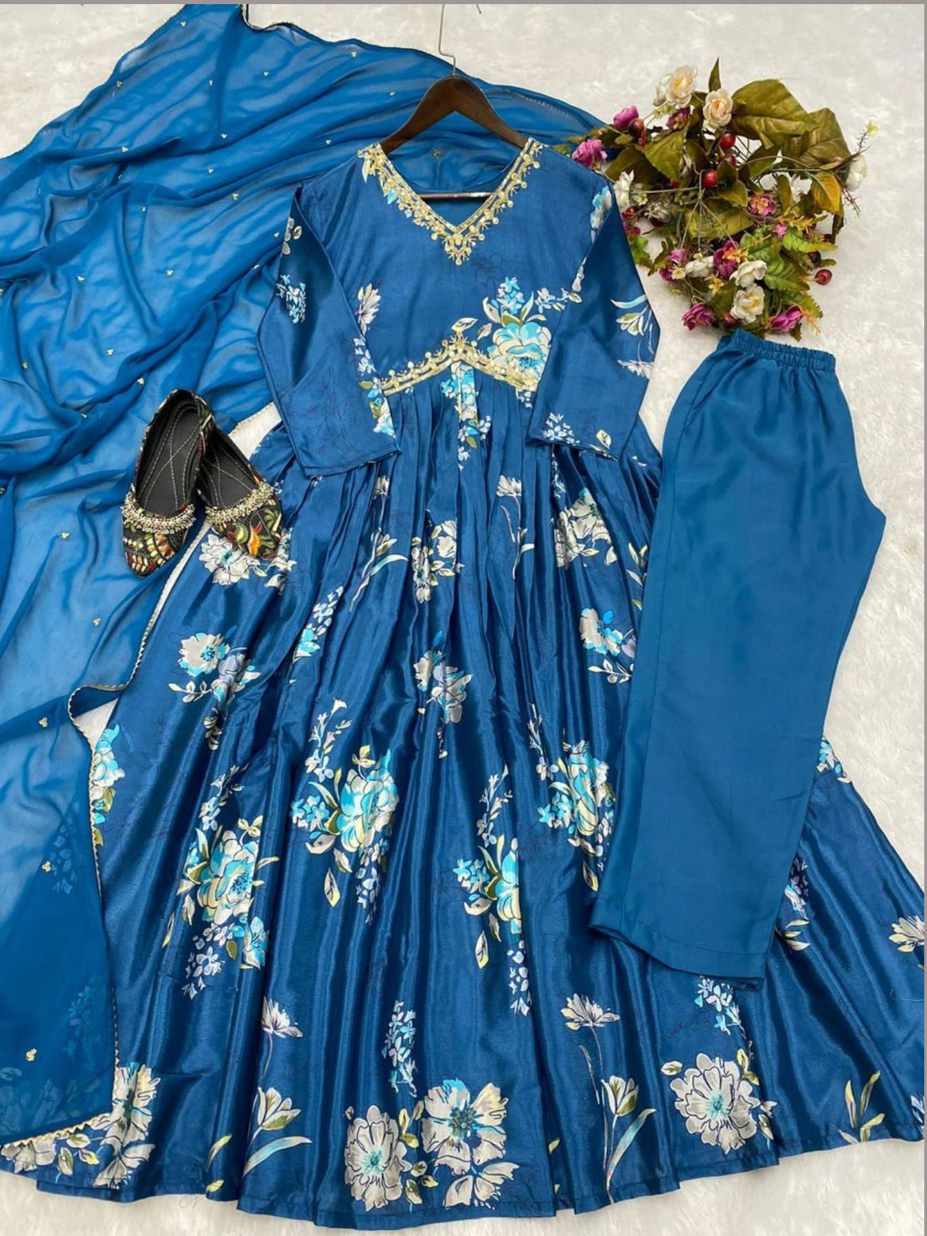 Sky Blue Partywear Digital Printed Chanderi Gown