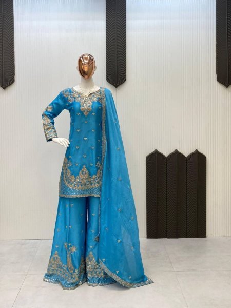   Fresh Sky Blue Sequence Gown Plazzo Suit with Tassel Dori   Dupatta for Occasion Wear 
