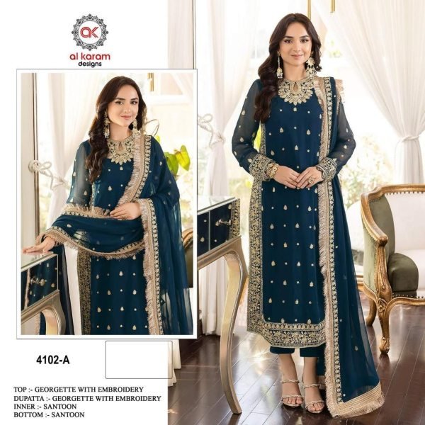 Alkaram 4102 Heavy Georgette With Heavy Embroidery 3mmSequence Work pakisatani Suit Collection Pakistani Suits Wholesale