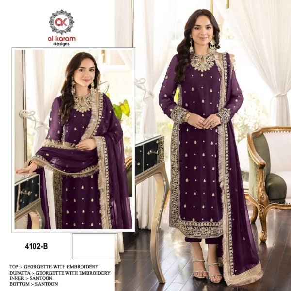 Alkaram 4102 Heavy Georgette With Heavy Embroidery 3mmSequence Work pakisatani Suit Collection Pakistani Suits Wholesale