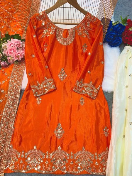   Opulence Chinon Silk Embroidered Kurti Plazzo with Designer Lace Dupatta for Festive Wear Ready To Wear Collection