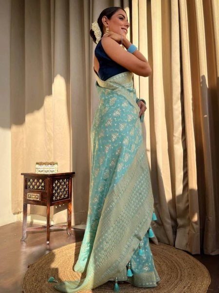 * STUNNING TURQUOISE GREEN BANARASI SAREE WITH HEAVY BROCADE BLOUSE * Banarasi Saree Wholesale