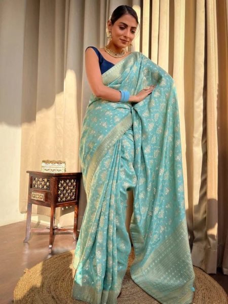 * STUNNING TURQUOISE GREEN BANARASI SAREE WITH HEAVY BROCADE BLOUSE * Banarasi Saree Wholesale