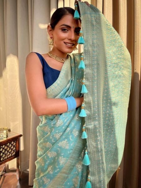 * STUNNING TURQUOISE GREEN BANARASI SAREE WITH HEAVY BROCADE BLOUSE * Banarasi Saree Wholesale