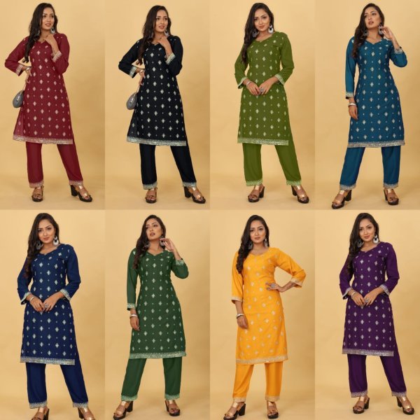 14kg Heavy Rayon Embroidery sequence with Codding kurti pant Kurti With Bottom Wholesale